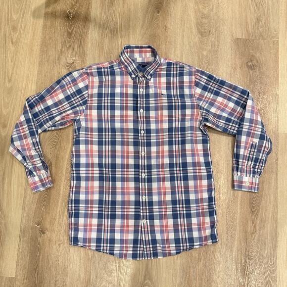 Vineyard Vines Plaid Shirt Boys Kids Size XL 20 Navy Blue Red Long Sleeve Whale - Picture 2 of 11